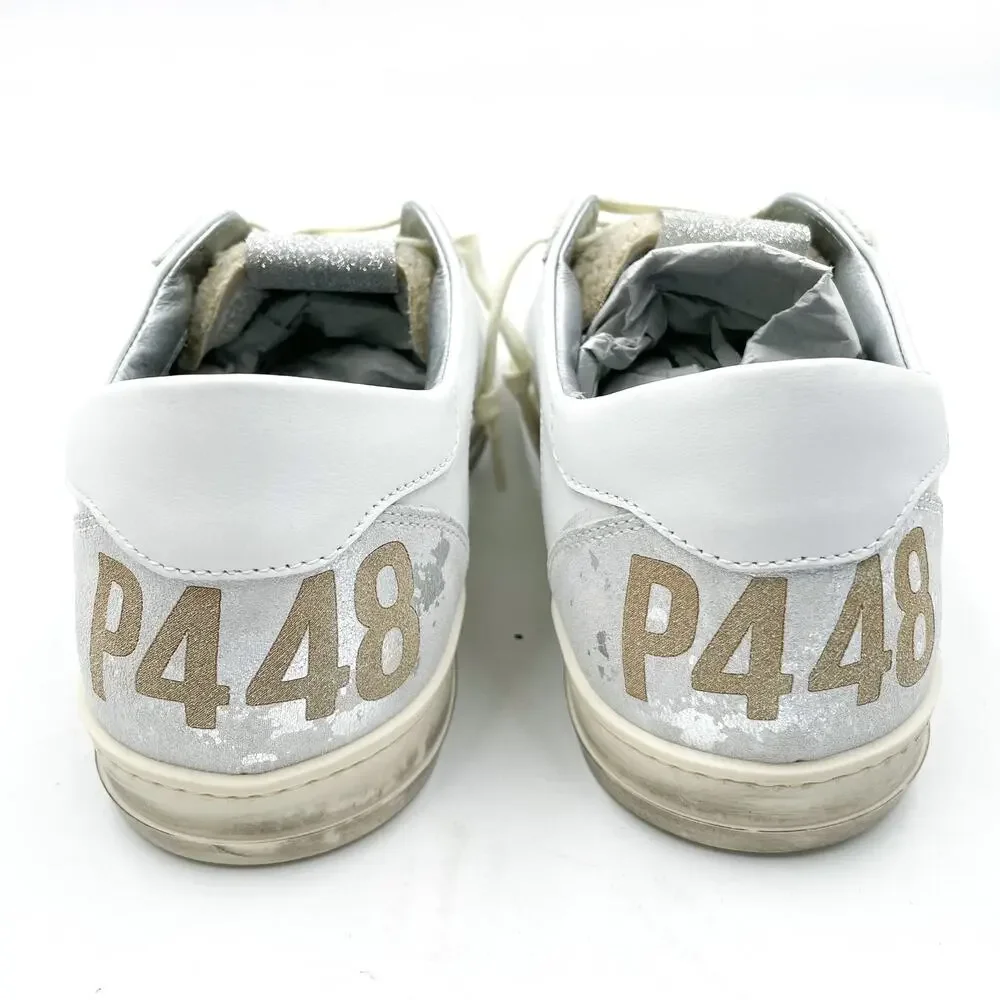 P448‎ John Lama Sneaker White Silver Lace Up Low Top Leather Sz 41 / 10.5